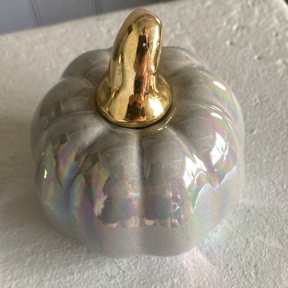 SOLD NWT Set of 2- Gray Iridescent Ceramic Pumpkins w/ Gold Stems Decorations - Picture 14 of 16